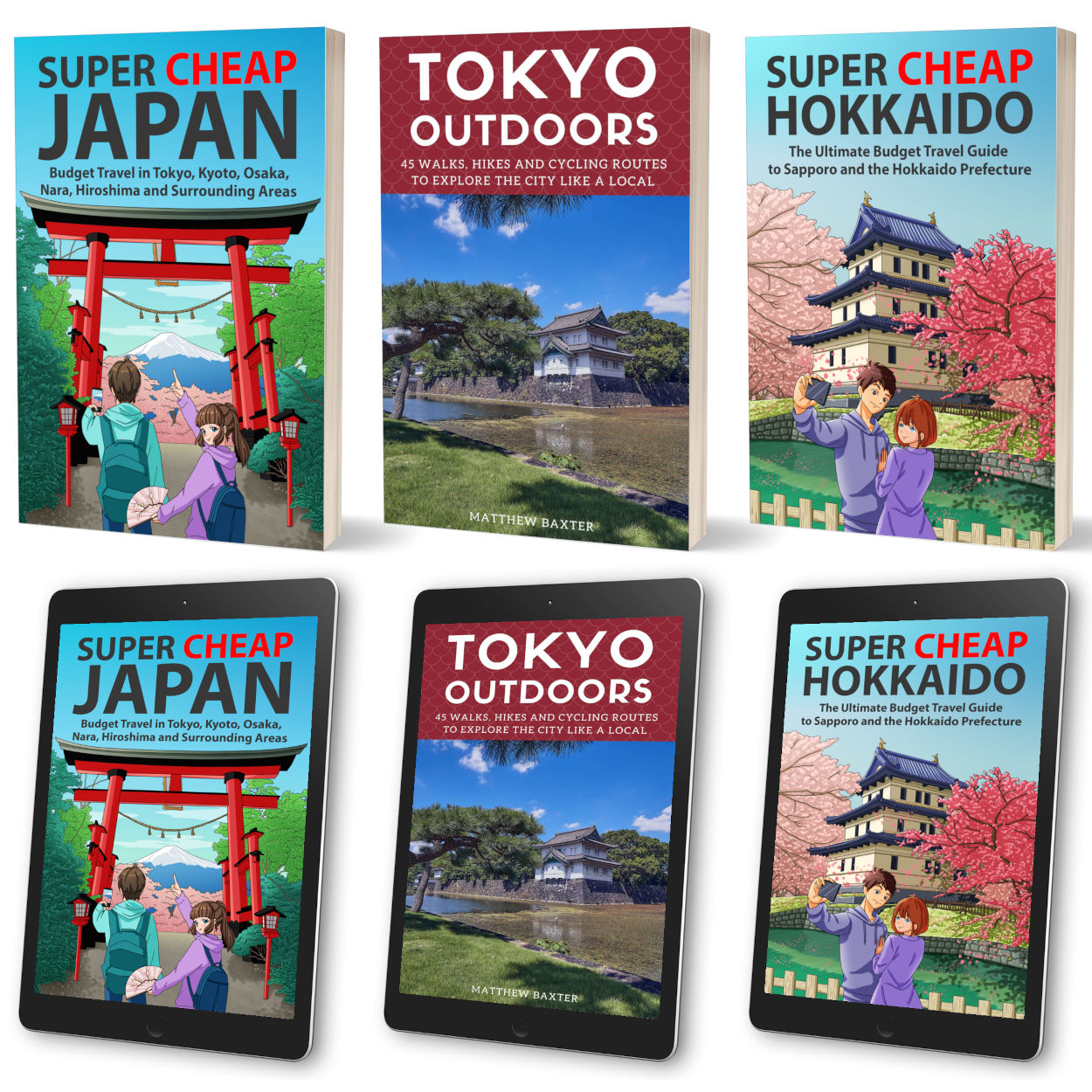 Paperbacks bundle with free ebook editions of Super Cheap Japan, Super Cheap Hokkaido and Tokyo Outdoors