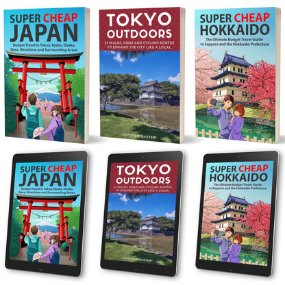 Paperbacks bundle with free ebook editions of Super Cheap Japan, Super Cheap Hokkaido and Tokyo Outdoors